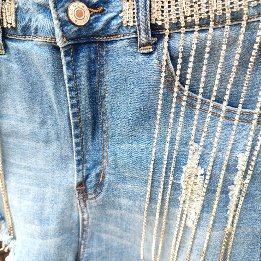 High waisted distressed rhinestone fringe jean shorts - Picture 14 of 16